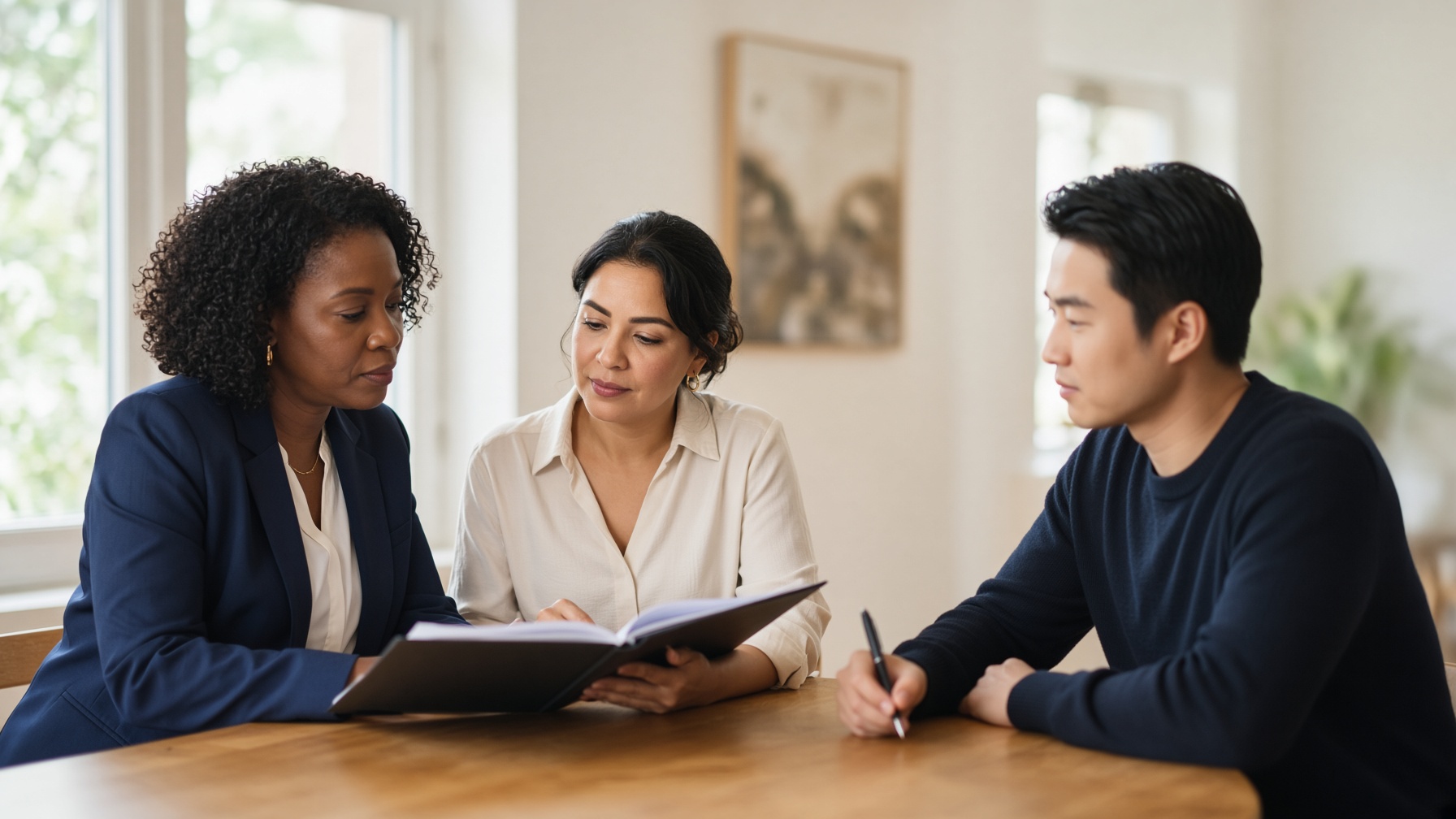 A Black attorney, a Latina client, and an East Asian colleague review a matter together at a wood table.