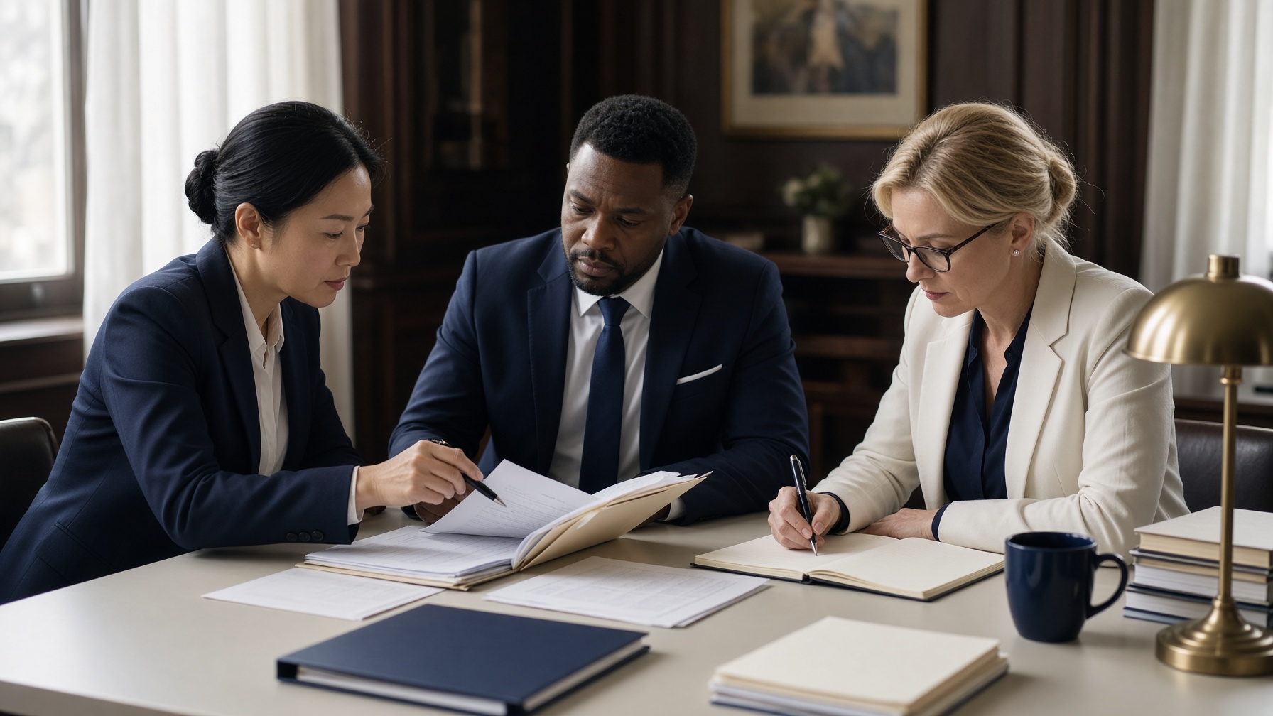 An East Asian attorney, a Black attorney, and a white colleague work through a file together.